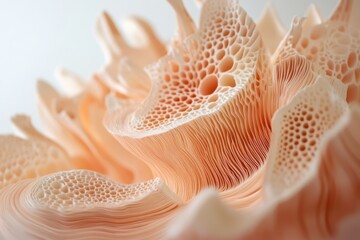 Abstract peach-toned organic form with porous texture and layered structure.