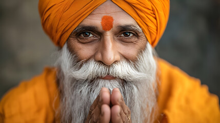 Senior Man in Orange Turban Performing a Traditional Namaste with Peaceful Expression : Generative AI