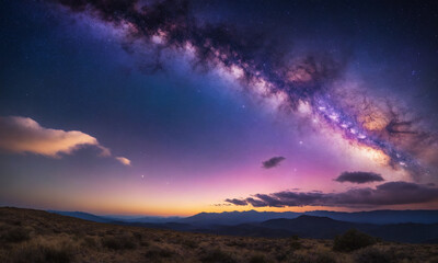 Obraz premium 화려한 우주 풍경을 상상해 보세요. 강렬한 보라색, 깊은 파란색, 반짝이는 분홍색이 어우러져 소용돌이치는 성운을 형성합니다.