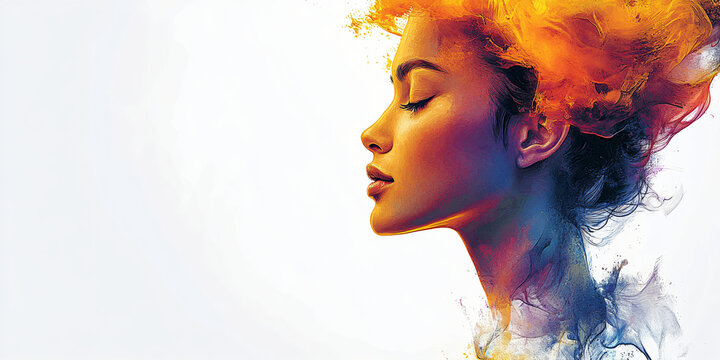 A vibrant portrait of a woman in profile, surrounded by colorful paint splashes; perfect for creative projects, events on mental health, and art-related themes.