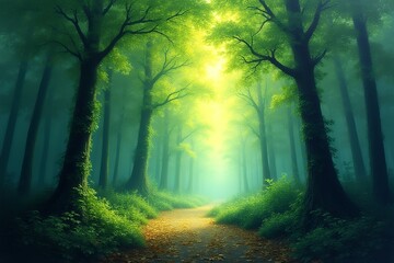 Naklejka premium Serene Forest Pathway with Lush Greenery and Soft Light