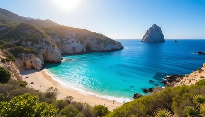 Fototapeta premium Secluded Cove Turquoise Waters White Cliffs Sunny Beach Landscape