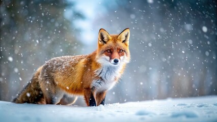Fototapeta premium Stunning Red Fox in Winter Wonderland: Captivating Wildlife Photography of a Vibrant Fox Amidst Snowy Landscapes, Nature's Beauty, Cold Weather, and Wildlife Conservation