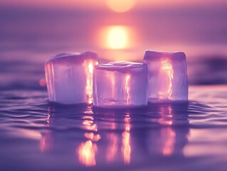 Ice Cubes Glowing at Sunset Over Water