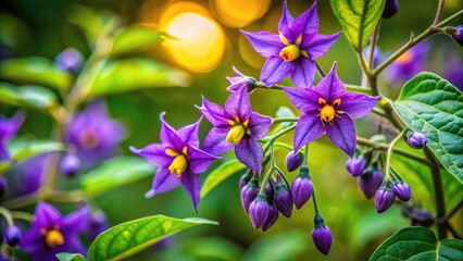Stunning Sticky Nightshade Flowers in Bloom with Lush Green Foliage and Copy Space for Text or Designs