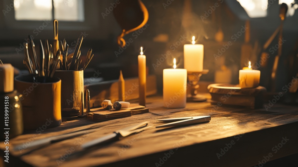 Poster a detailed candle carving area in a spacious attic, carving tools and candles systematically arrange