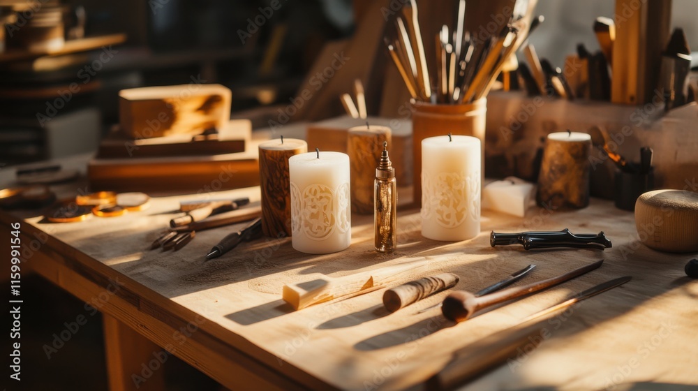 Poster a detailed candle carving area in a spacious attic, carving tools and candles systematically arrange