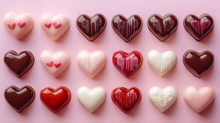 Fototapeta premium Variety of Heart Shaped Chocolates on Soft Pink Background for Valentines Day : Generative AI