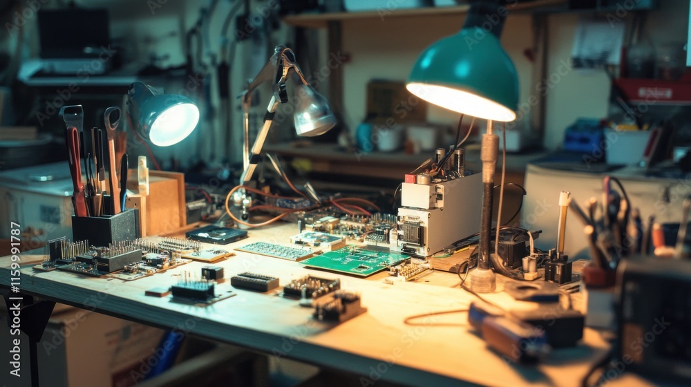 Poster a detailed home electronics tinkering workspace with circuit boards and soldering iron, electronic c