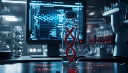 DNA double helix in a glass bottle in a laboratory setting with a computer screen showing data in the background.