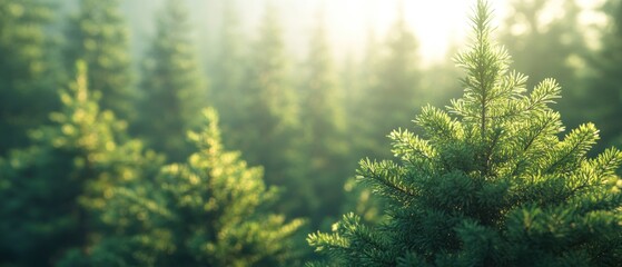 Sunlit evergreen forest with focus on foreground tree.