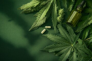 Cannabis leaves, oil bottle, and capsules on green background.