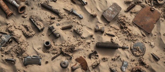 An array of weathered iron bolts, screws, and plates partially buried in sandy soil 