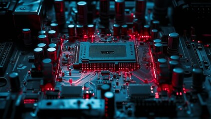 Close-up of illuminated CPU on a motherboard.