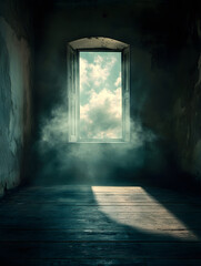 Obraz premium Mystical Abandoned Room with Light Streaming Through Window and Atmospheric Smoke : Generative AI