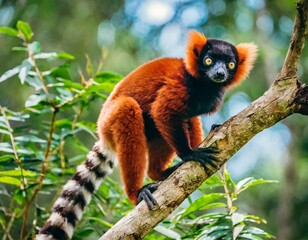 Obraz premium A Red-Fronted Lemur Perched on a Branch in the Madagascan Rainforest, Its Long Tail Swinging Playfully