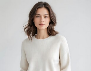 Obraz premium Woman in Off White Knit Sweater Simple Studio Portrait
