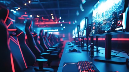 A dynamic e-sports arena with gaming consoles and competitive gaming setups, Gaming peripherals and spectator seating arranged for esports tournaments, Classic photo of