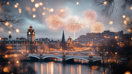 Naklejka premium Fireworks over the city of Edinburgh during Hogmanay, bright colorful bursts in the sky, soft natural light from the fireworks casting a glow over the historic streets, festive and joyful mood
