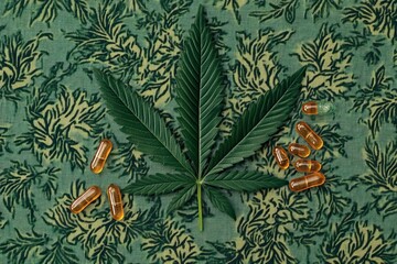 Fototapeta premium Cannabis leaf and CBD capsules on patterned fabric.