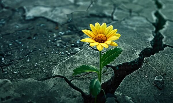 Solitary yellow flower grows through cracked, dry earth, symbolizing resilience and hope