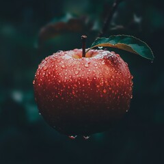 Dew Covered Red Apple Hanging From Branch