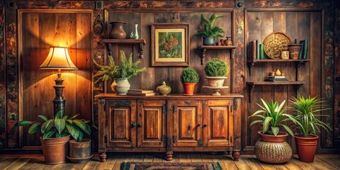 Vintage Style Antique Wood Cabinets in Rustic Interior Setting with Warm Lighting and Textured Background for Home Decor Inspiration