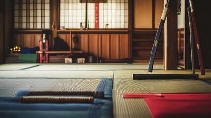 A dynamic martial arts dojo with training mats and sparring gear, Martial arts weapons and uniforms set up for disciplined practice, Natural photo of