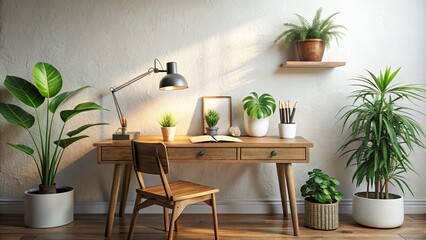 Fototapeta premium Vintage Style Photography of a Minimalist Workspace with White Wall, Desk, and Potted Plant for Home Office Inspiration