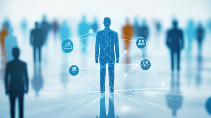 A simple blue human figure stands in the center of an abstract social network, connected to several other people by lines