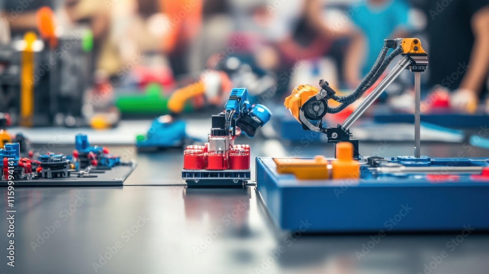 Leinwandbilder A dynamic robotics competition with robot teams and technical setups, Robotics kits and competition arena arranged for STEM education, Classic photo of