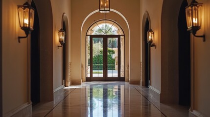 Obraz premium Grand Entrance: Luxurious Hallway Leading to a Serene Garden View
