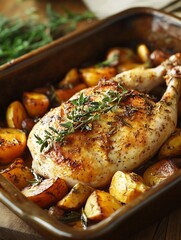 Roasted Chicken with Herbs and Savory Vegetables in Baking Dish : Generative AI