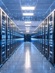 Futuristic Server Room with StateoftheArt Technology and Blue LED Lights : Generative AI