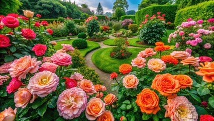 Aerial View of Vibrant Coral Roses Blooming in a Serene Garden, Colorful Floral Display, Nature's Beauty, Tranquil Setting with Lush Greenery and Blossoming Flowers
