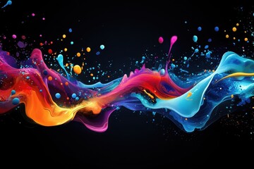 Vibrant colorful paint splashes and flows on black background.