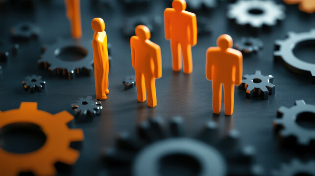 A group of orange male and female human figures standing on cogs, symbolizing team collaboration in the business world - Powered by Adobe