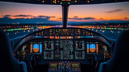 Cockpit view at sunset, preparing for takeoff.