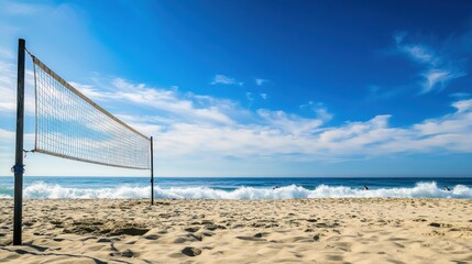 A lively beach volleyball game on sandy shores, Volleyball net set against crashing waves, Coastal sport style