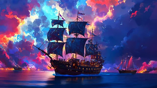 A majestic pirate ship sailing on the ocean under colorful clouds, with glowing lights illuminating its sails and crew, 