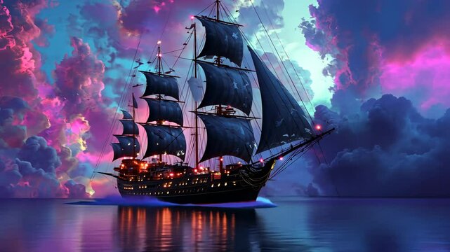 A majestic pirate ship sailing on the ocean under colorful clouds, with glowing lights illuminating its sails and crew, 