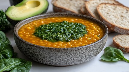Creamy lentil soup with pesto and avocado