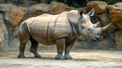 The white rhinoâ€™s thick skin appears almost armor-like, giving it protection and an imposing presence as it moves in its natural habitat.