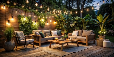 Cozy Nighttime Patio with Simple Furniture and String Lights Surrounded by Lush Greenery - Perfect Outdoor Living Space for Relaxation and Gatherings