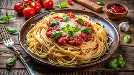 Delicious Classic Italian Spaghetti with Tomato Sauce, Parmesan Cheese, and Fresh Basil on Plate â€“ Mouthwatering Cuisine Photography for Food Lovers