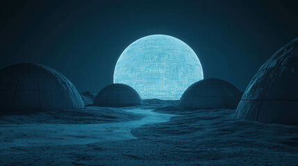 Mysterious Lunar Landscape with Futuristic Moonbase and Giant Moon in the Sky