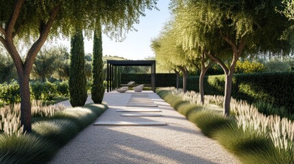 Obraz premium Modern Mediterranean-style dry garden, sleek gravel pathways, symmetrical cypress trees, ornamental grasses, and a small shaded pergola,