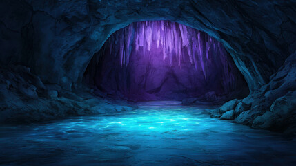 Mystical Cave Filled with Glowing Crystals in Enchanting Blue Light