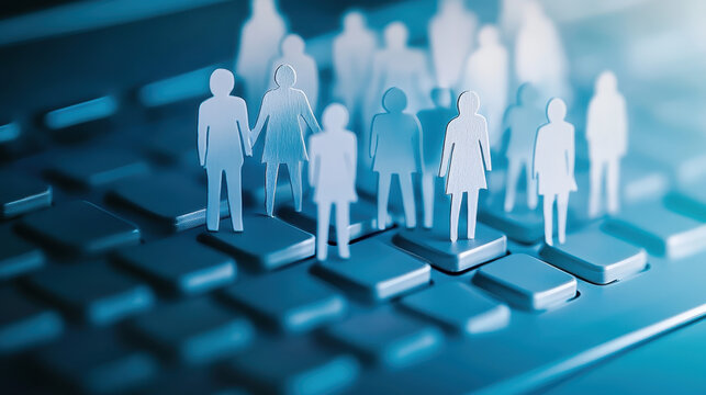 A paper cut-out of people standing on top of and around the keyboard, creating an iconographic representation for online community building