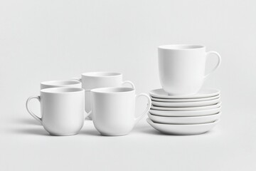 A minimalist arrangement of white cups and saucers on a light background.